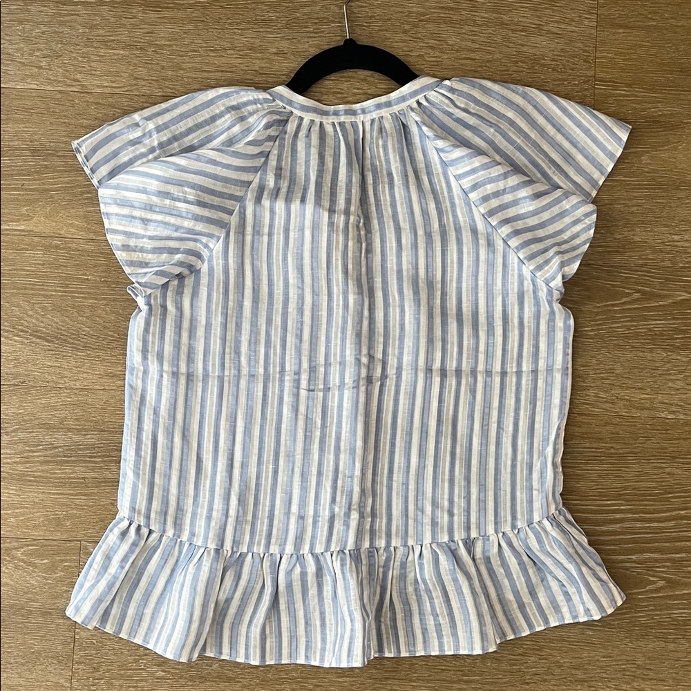 Veronica Beard Maple White Blue Linen Silk Striped Flutter Sleeve Blouse size 0 - Picture 7 of 10